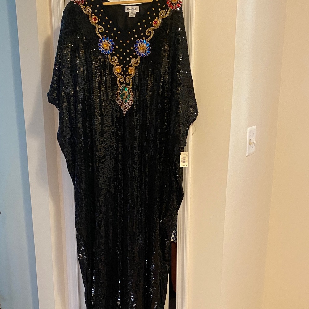 Holiday Bling! Elegant Silk Black Sequin and Beaded Maxi Dress